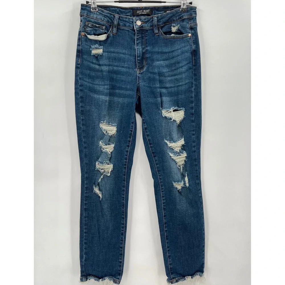 Judy Blue 7/28 Boyfriend Jeans Womens Medium Wash Distressed Raw Hem